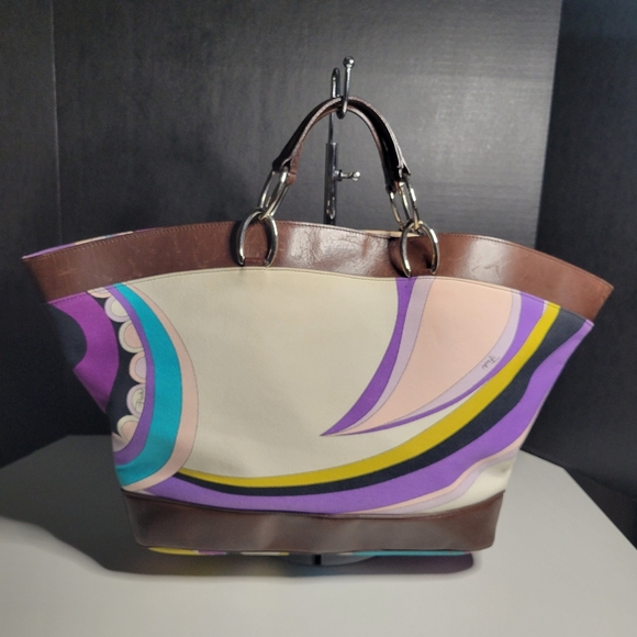Emilio Pucci Tote Bag Purple Gold Colorful Psychedelic Double Handle Calf Trim - Picture 3 of 15